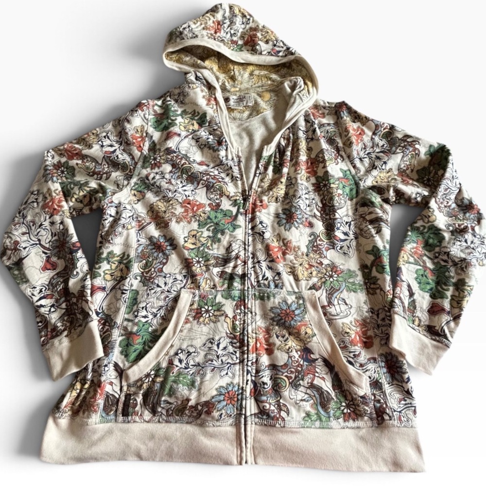 One World Live and Let Live Floral Paisley Zip Up Hoodie 2X Boho Cotton Jacket